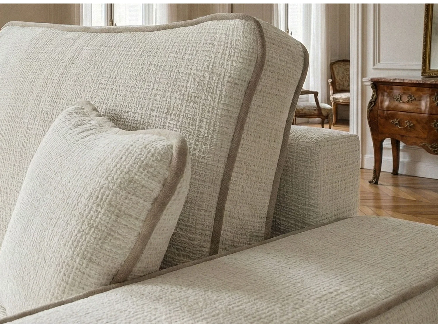 Canapé d'angle gauche convertible en tissu chenille ivoire-beige MODO