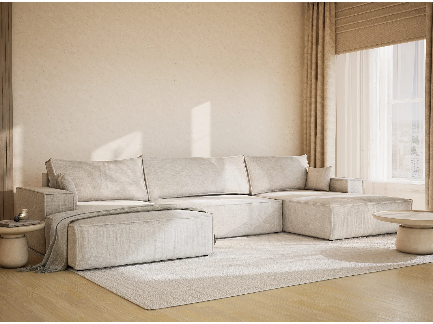 Canapé d'angle panoramique avec fonction lit en tissu chenille beige gris KYOTO