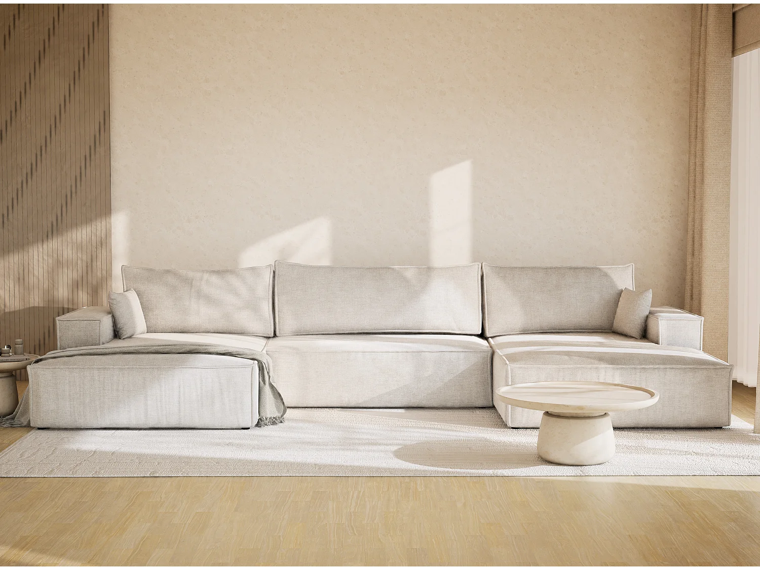 Canapé d'angle panoramique avec fonction lit en tissu chenille beige gris KYOTO