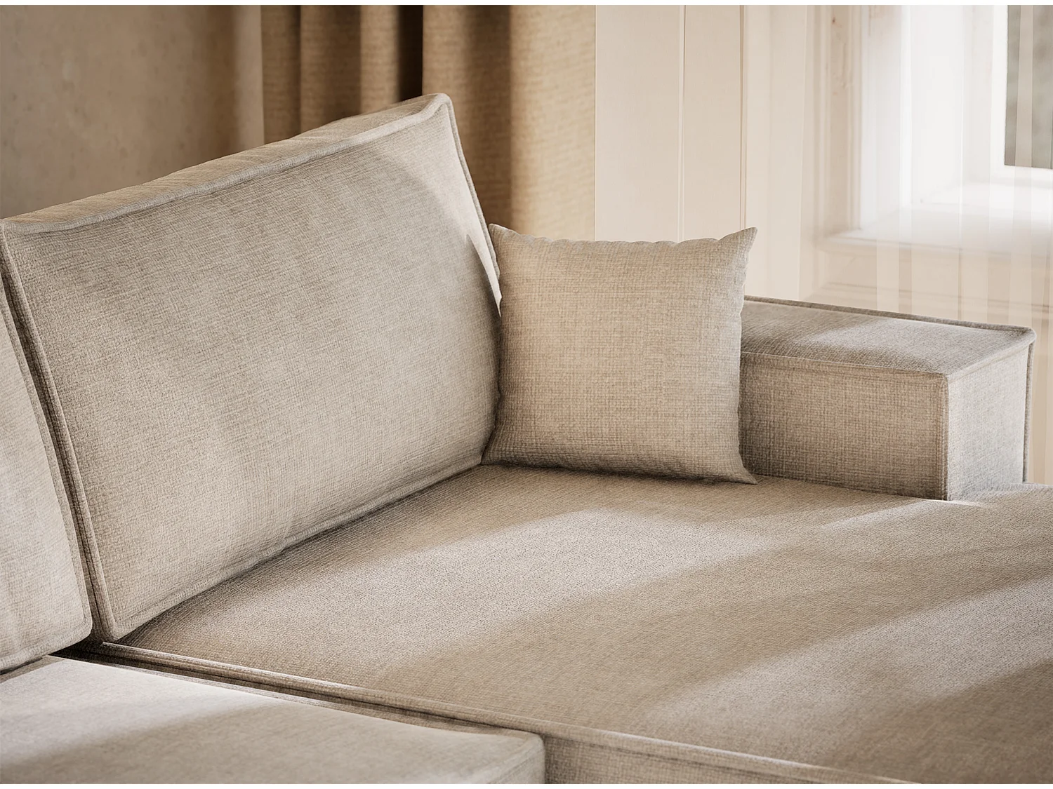 Canapé d'angle panoramique avec fonction lit en tissu chenille beige gris KYOTO