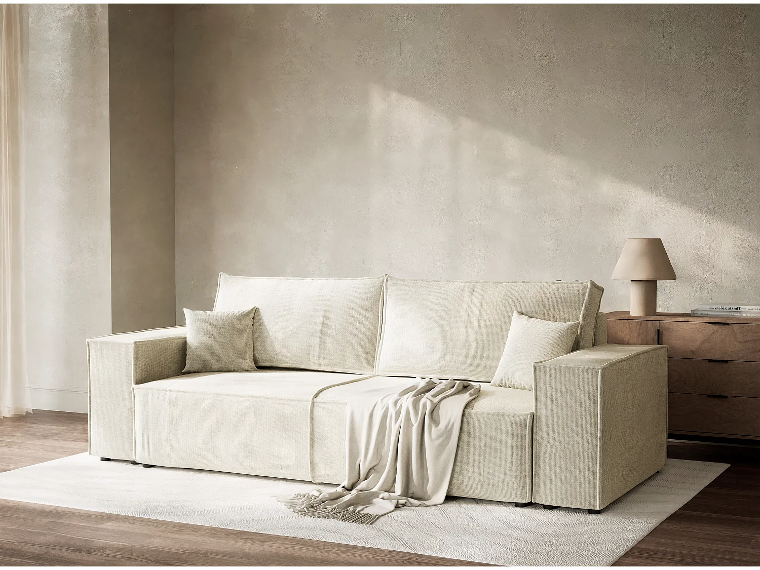 Canapé 3 places convertible en tissu chenille creme MILOS