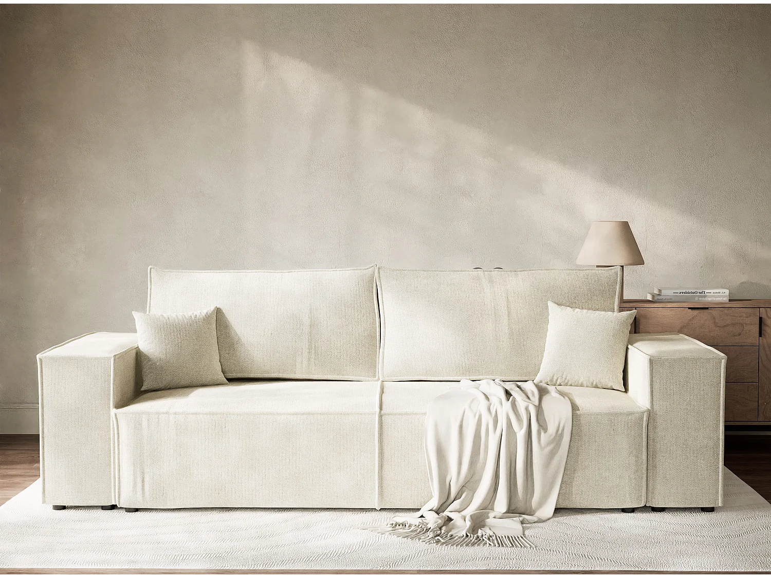 Canapé 3 places convertible en tissu chenille creme MILOS