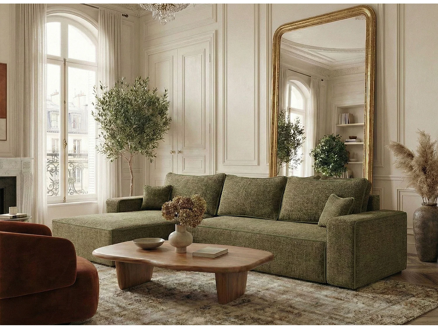 Canapé d'angle gauche convertible en tissu chenille vert olive MODO