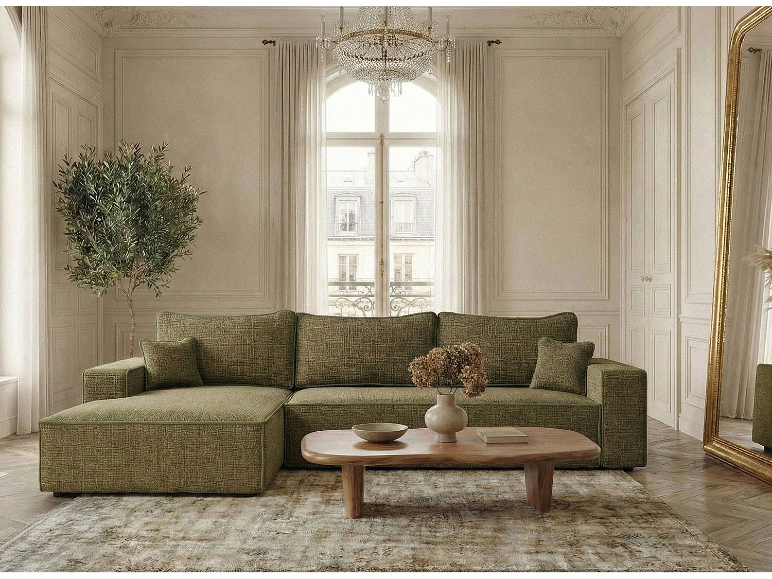 Canapé d'angle gauche convertible en tissu chenille vert olive MODO