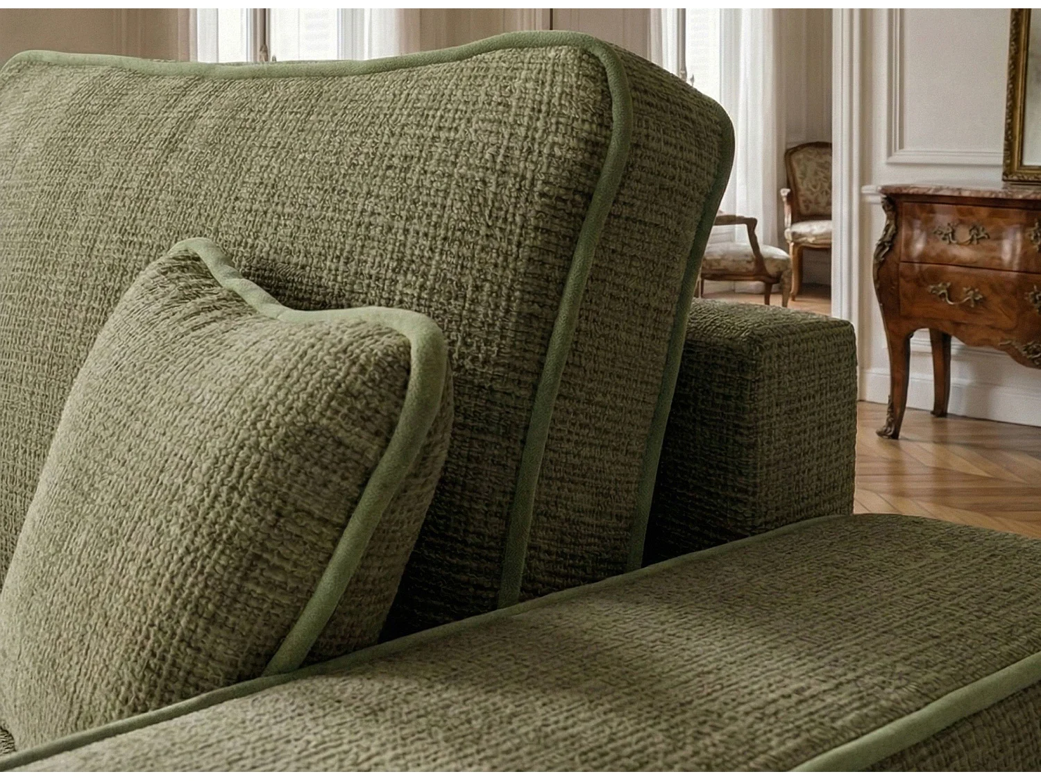 Canapé d'angle gauche convertible en tissu chenille vert olive MODO