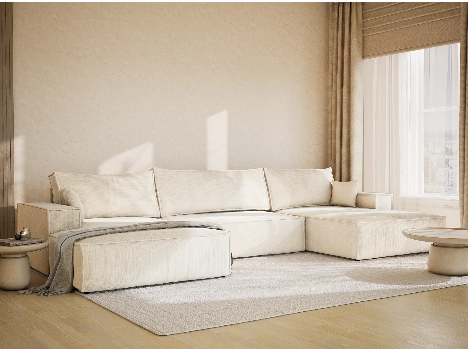Canapé d'angle panoramique avec fonction lit en tissu chenille creme KYOTO