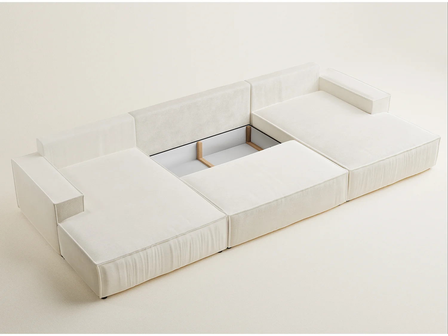 Canapé d'angle panoramique avec fonction lit en tissu chenille creme KYOTO