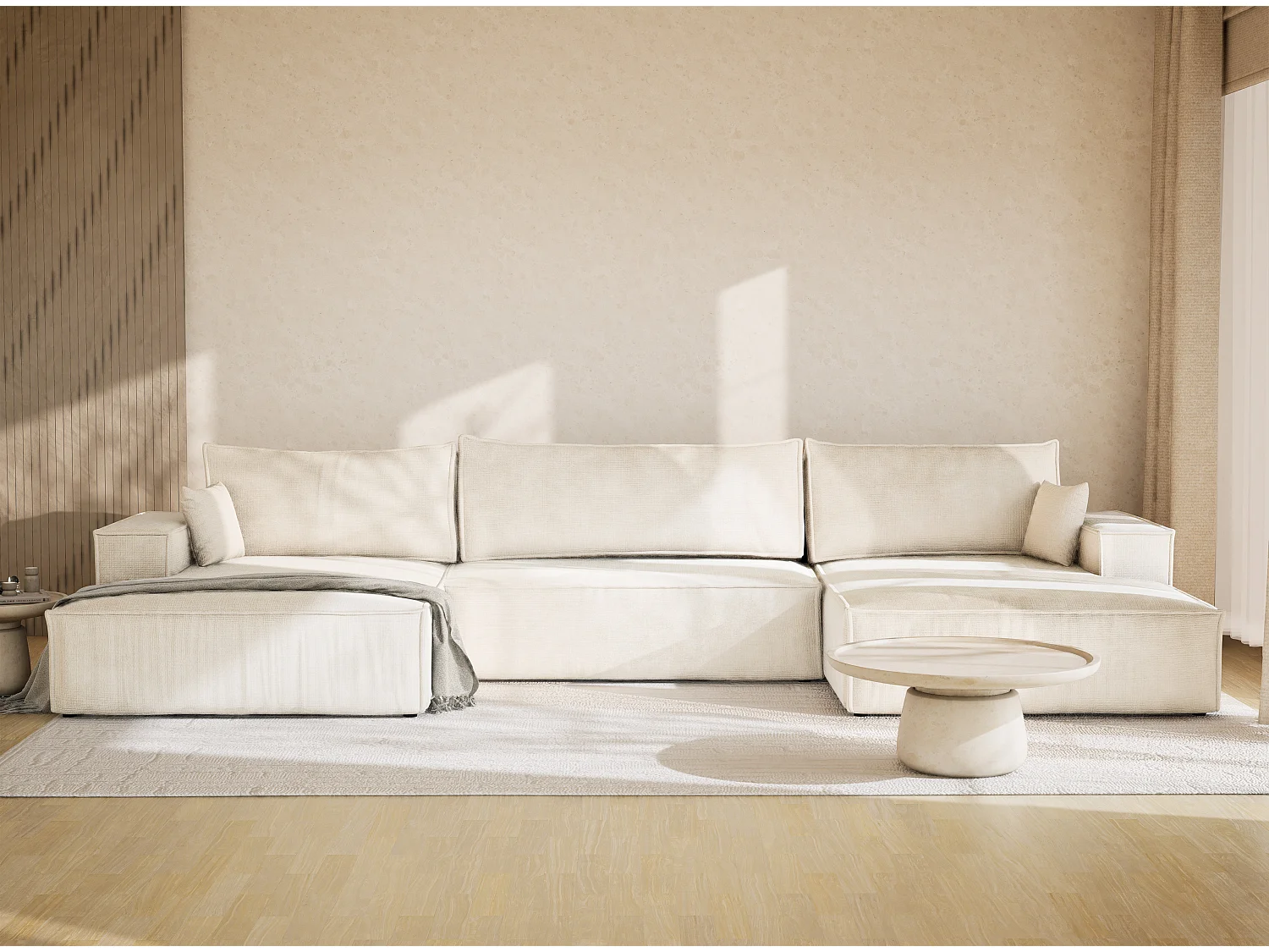 Canapé d'angle panoramique avec fonction lit en tissu chenille creme KYOTO