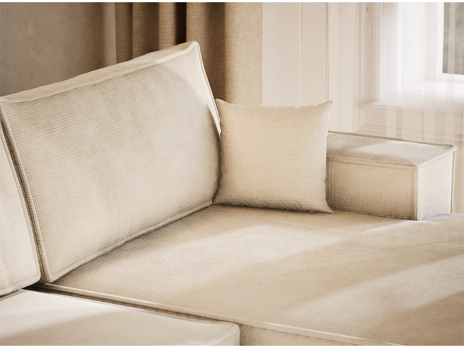 Canapé d'angle panoramique avec fonction lit en tissu chenille creme KYOTO