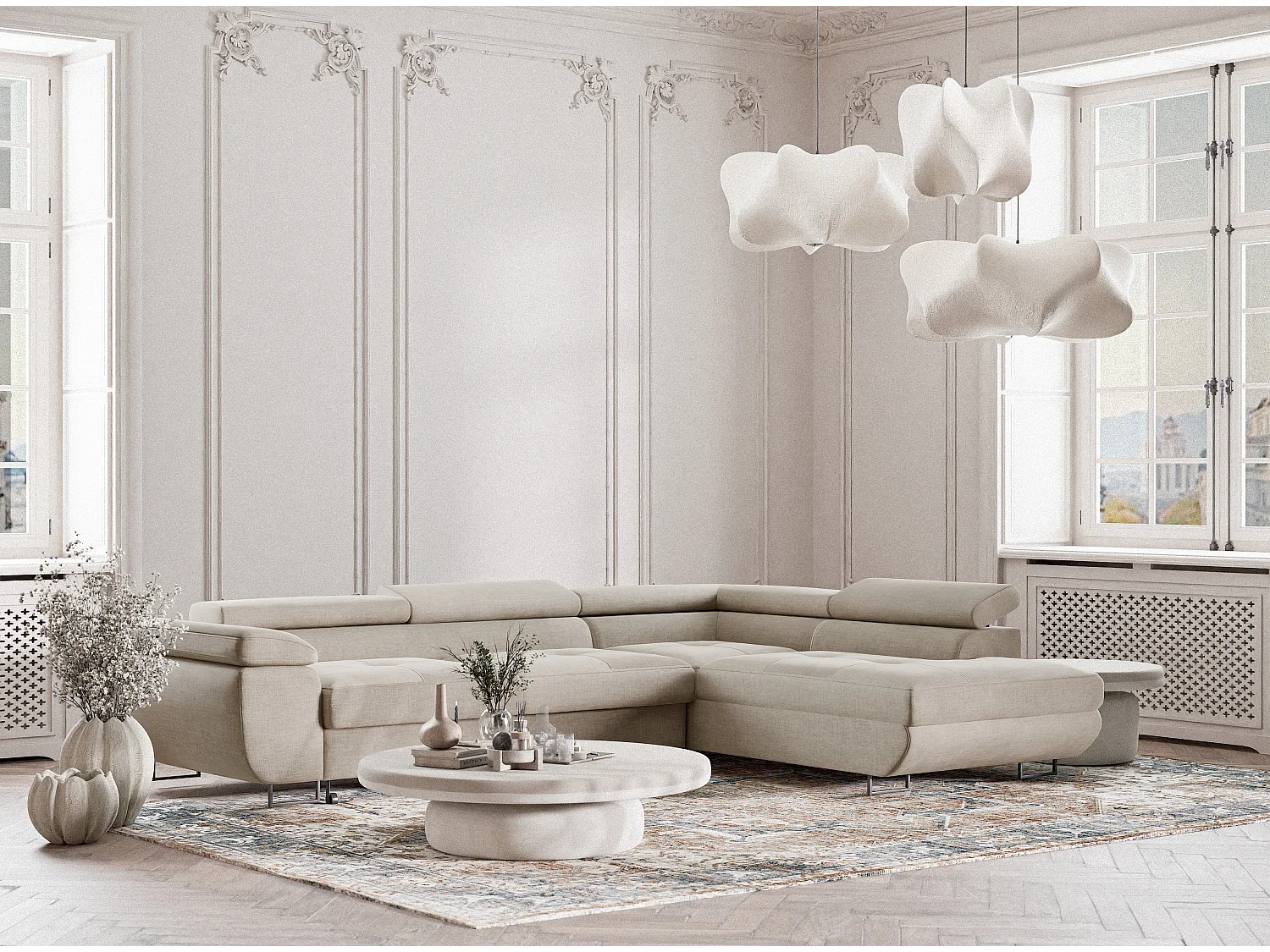 Canapé d'angle droit convertible en tissu chenille beige CONCORD