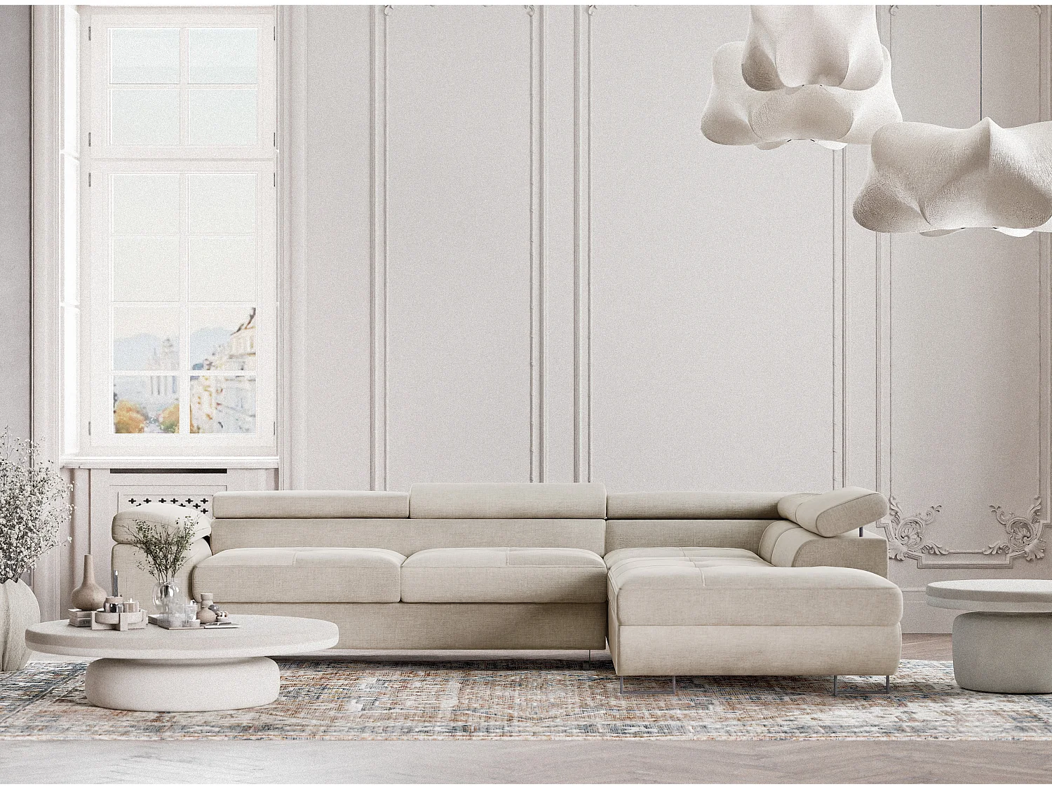 Canapé d'angle droit convertible en tissu chenille beige CONCORD