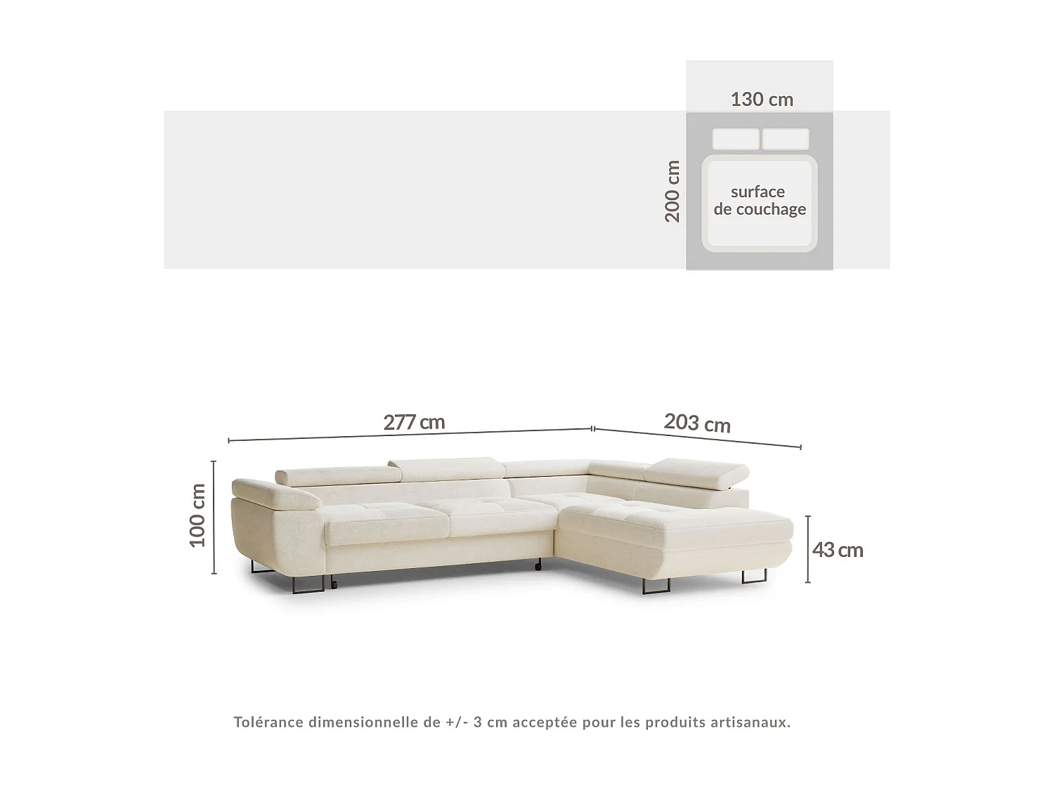 Canapé d'angle droit convertible en tissu chenille beige CONCORD