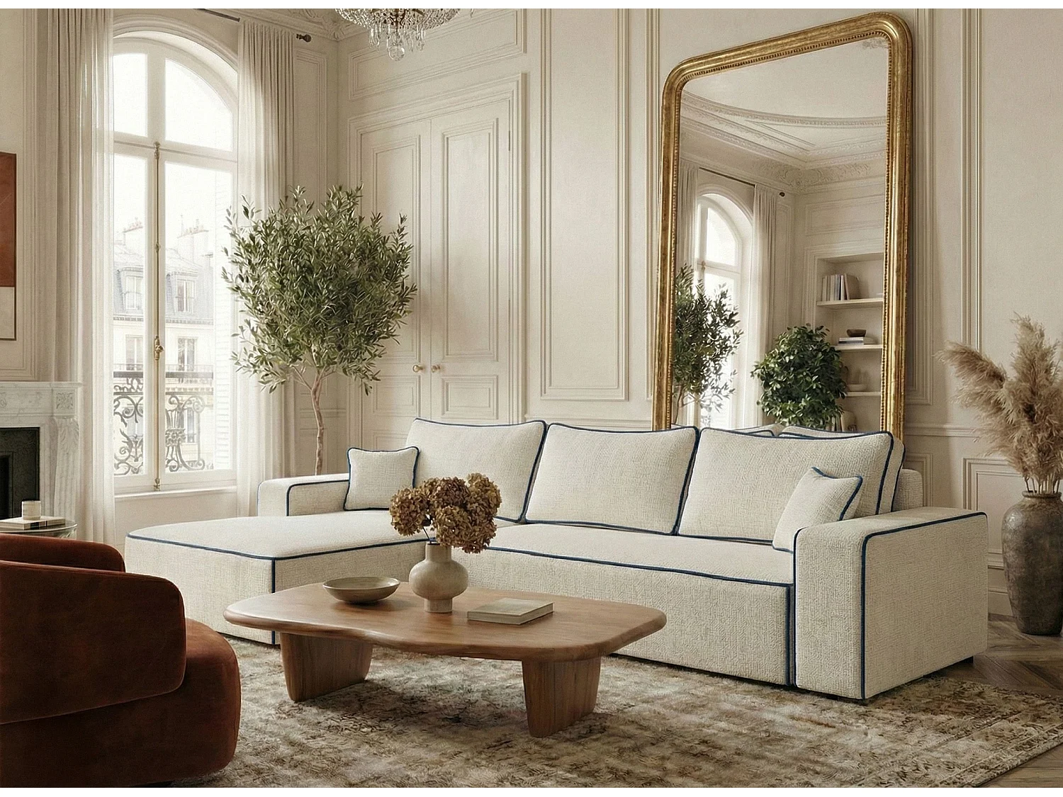 Canapé d'angle gauche convertible en tissu chenille ivoire-bleu foncé MODO