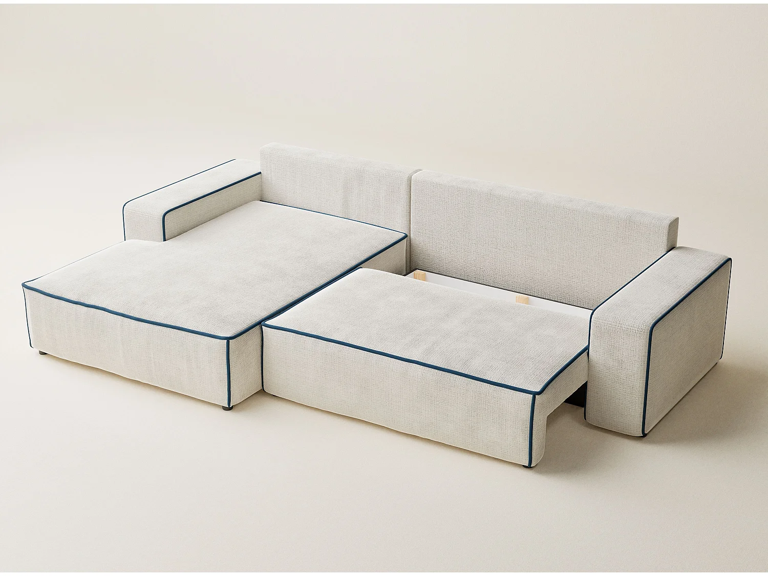 Canapé d'angle gauche convertible en tissu chenille ivoire-bleu foncé MODO