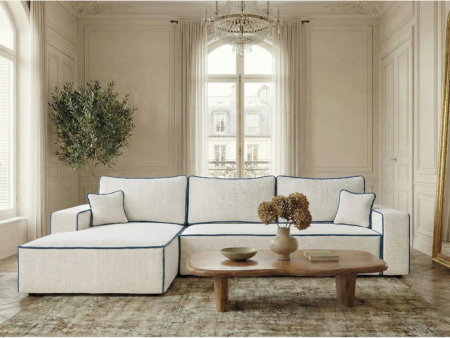 Canapé d'angle gauche convertible en tissu chenille ivoire-bleu foncé MODO