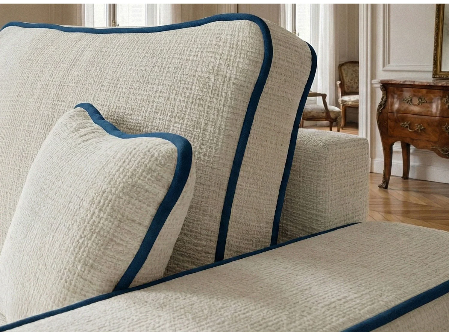 Canapé d'angle gauche convertible en tissu chenille ivoire-bleu foncé MODO
