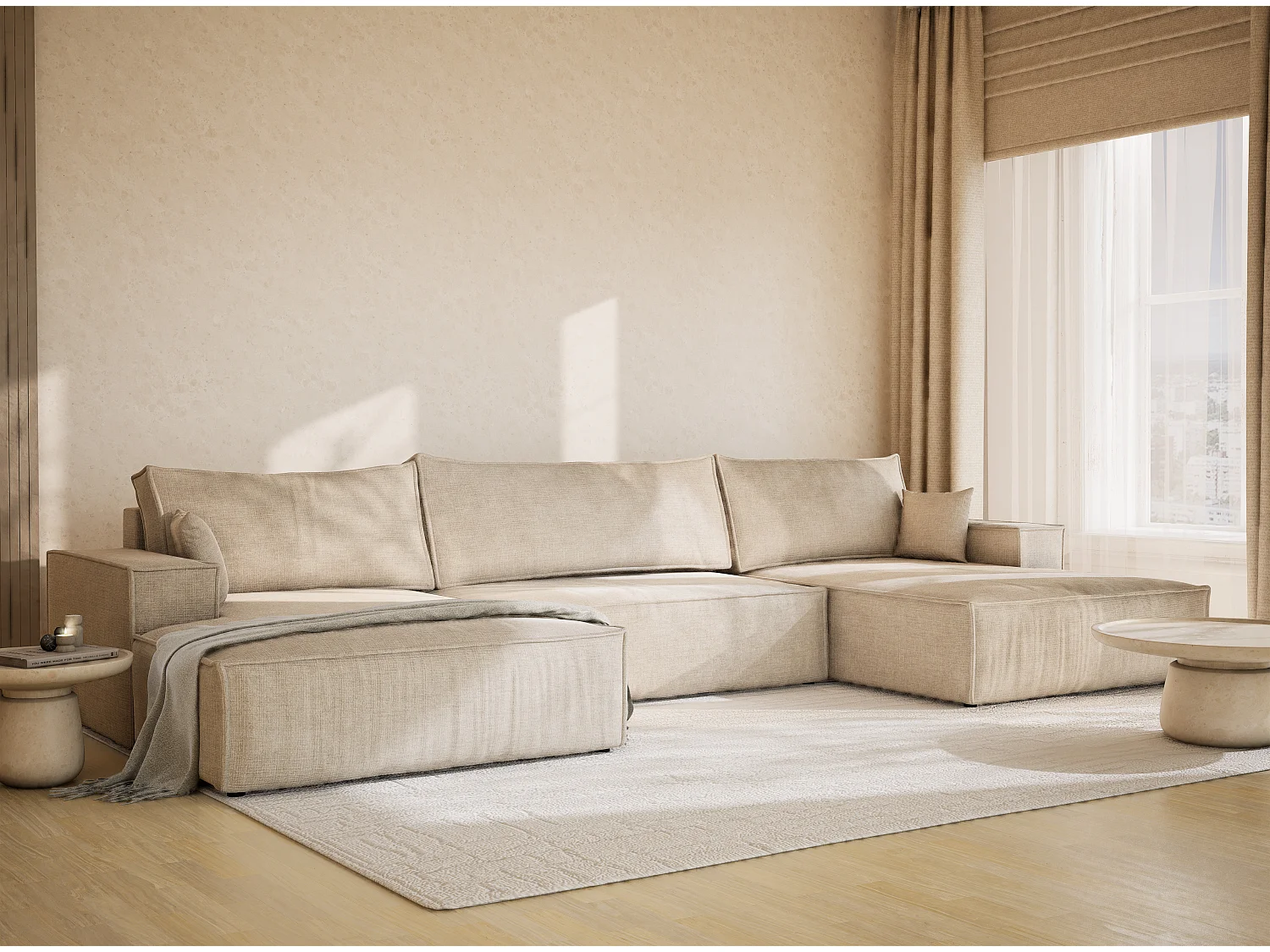 Canapé d'angle panoramique avec fonction lit en tissu chenille beige KYOTO