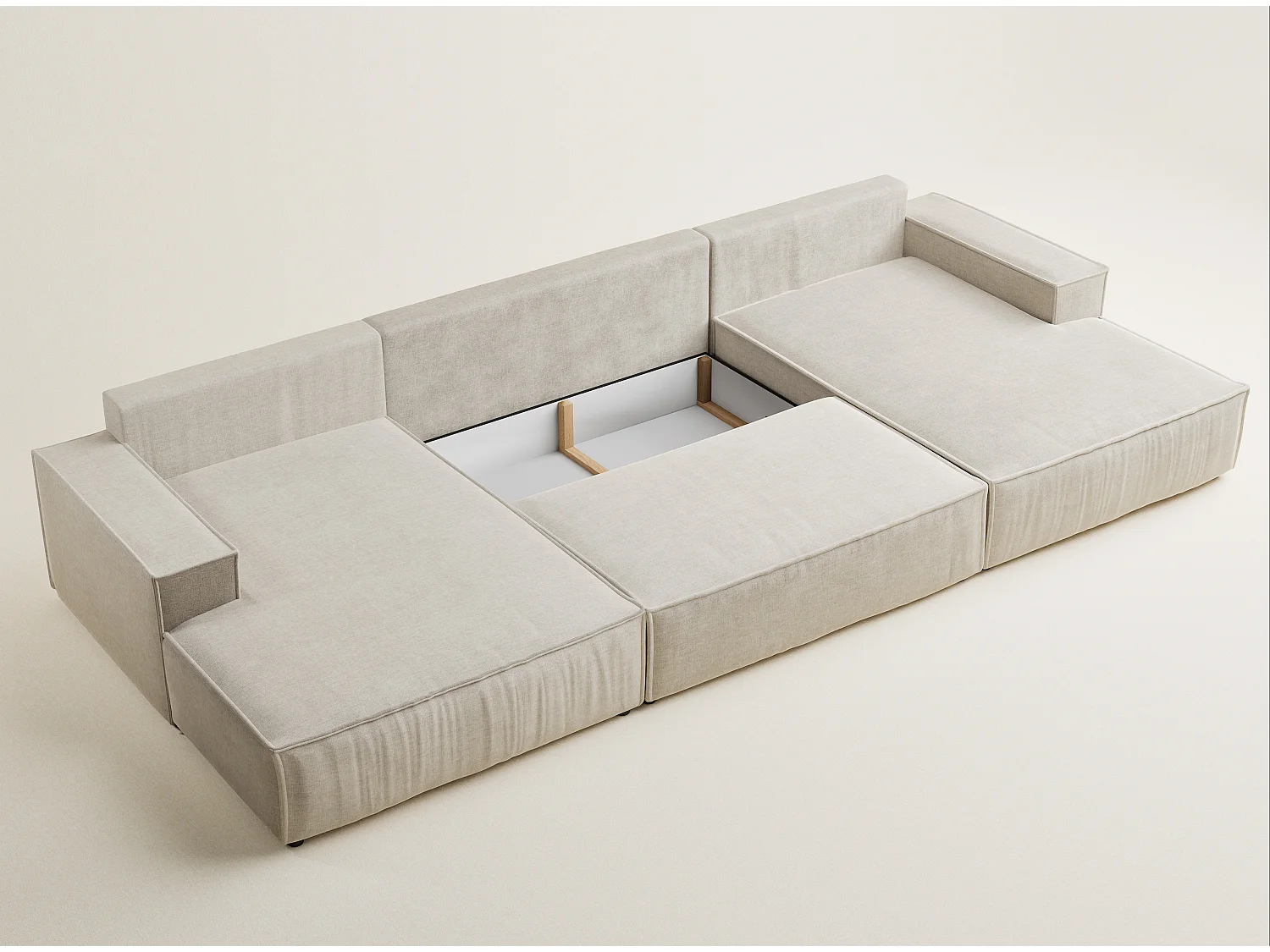 Canapé d'angle panoramique avec fonction lit en tissu chenille beige KYOTO