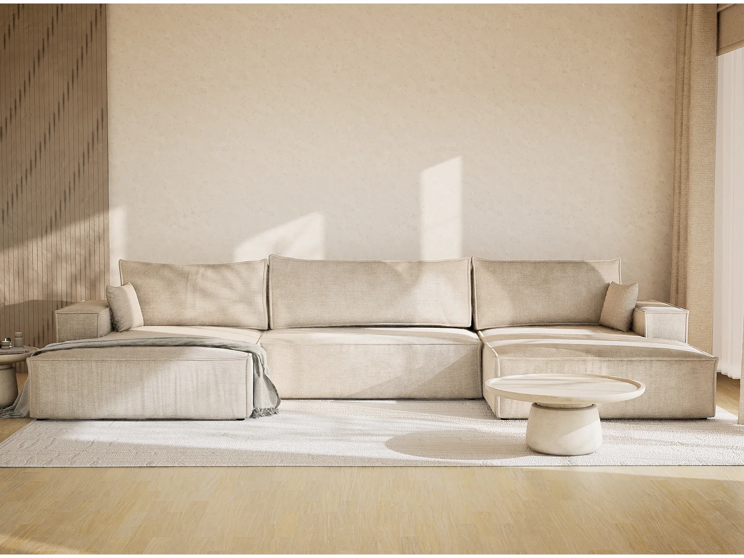 Canapé d'angle panoramique avec fonction lit en tissu chenille beige KYOTO