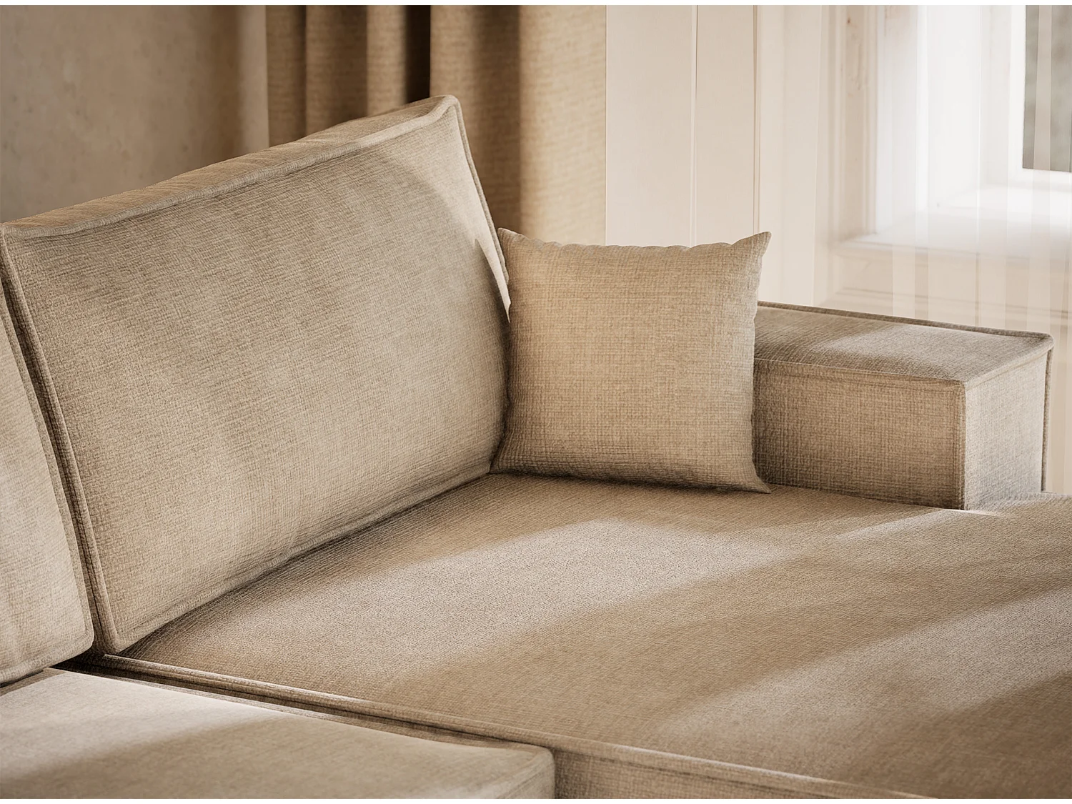 Canapé d'angle panoramique avec fonction lit en tissu chenille beige KYOTO