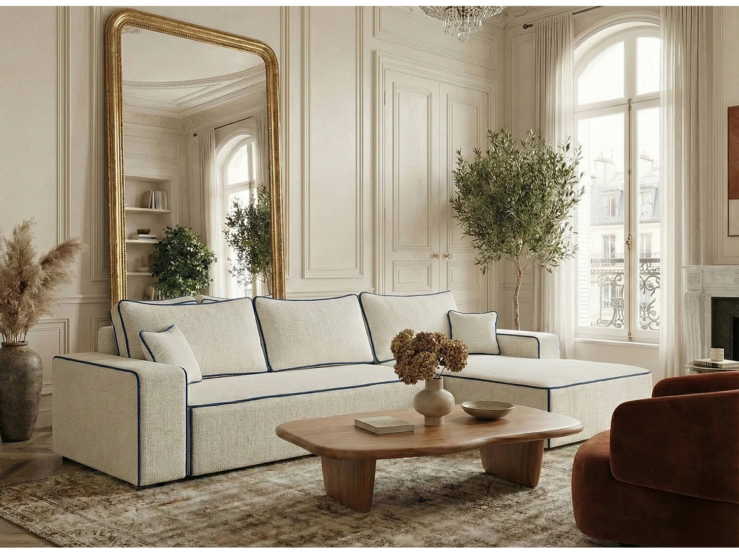 Canapé d'angle droit convertible en tissu chenille ivoire-bleu foncé MODO