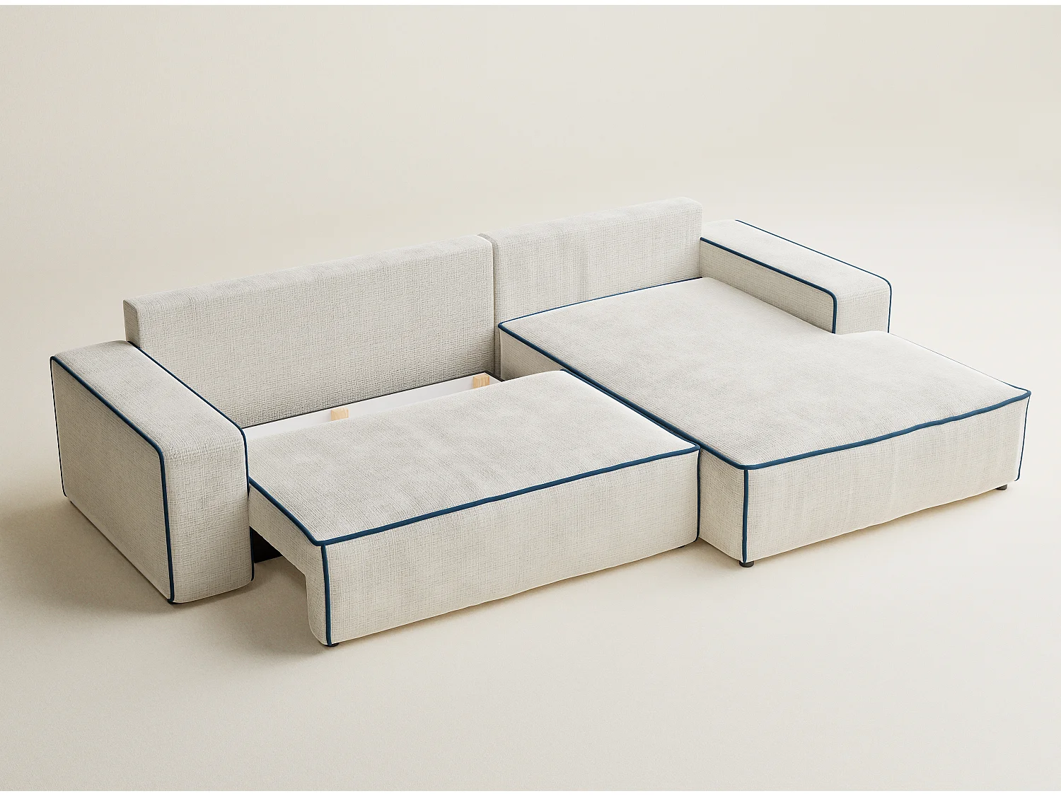 Canapé d'angle droit convertible en tissu chenille ivoire-bleu foncé MODO