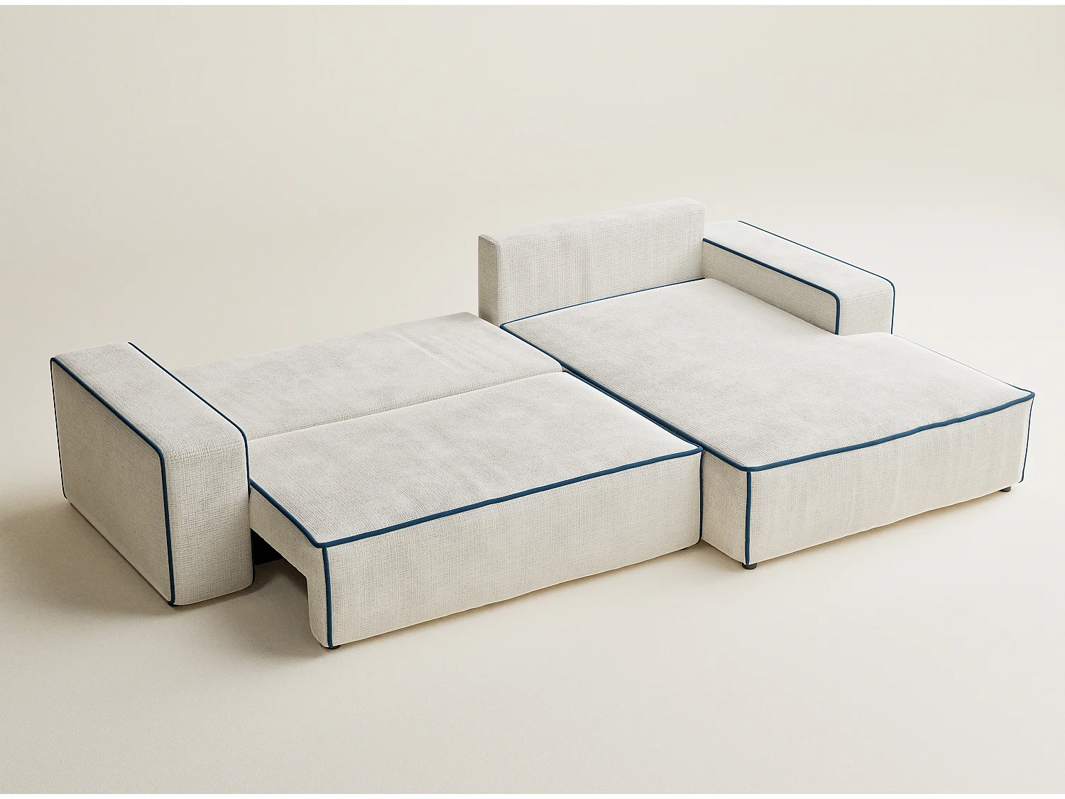 Canapé d'angle droit convertible en tissu chenille ivoire-bleu foncé MODO