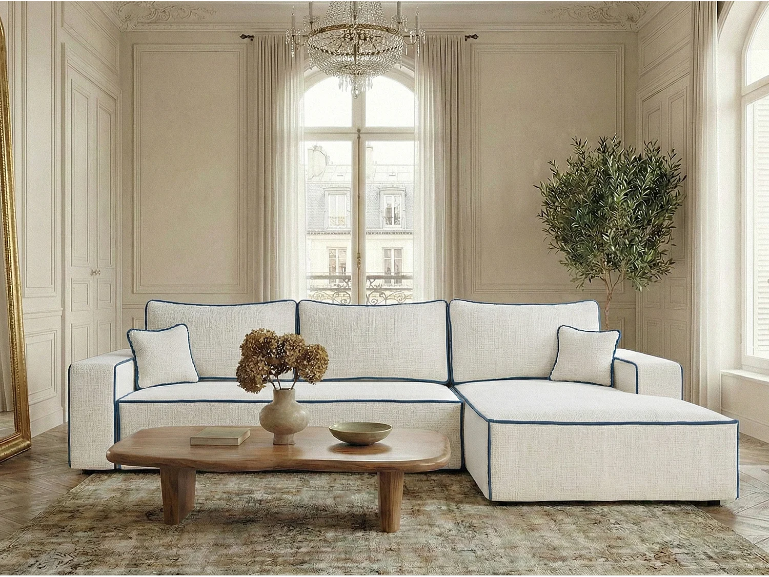 Canapé d'angle droit convertible en tissu chenille ivoire-bleu foncé MODO