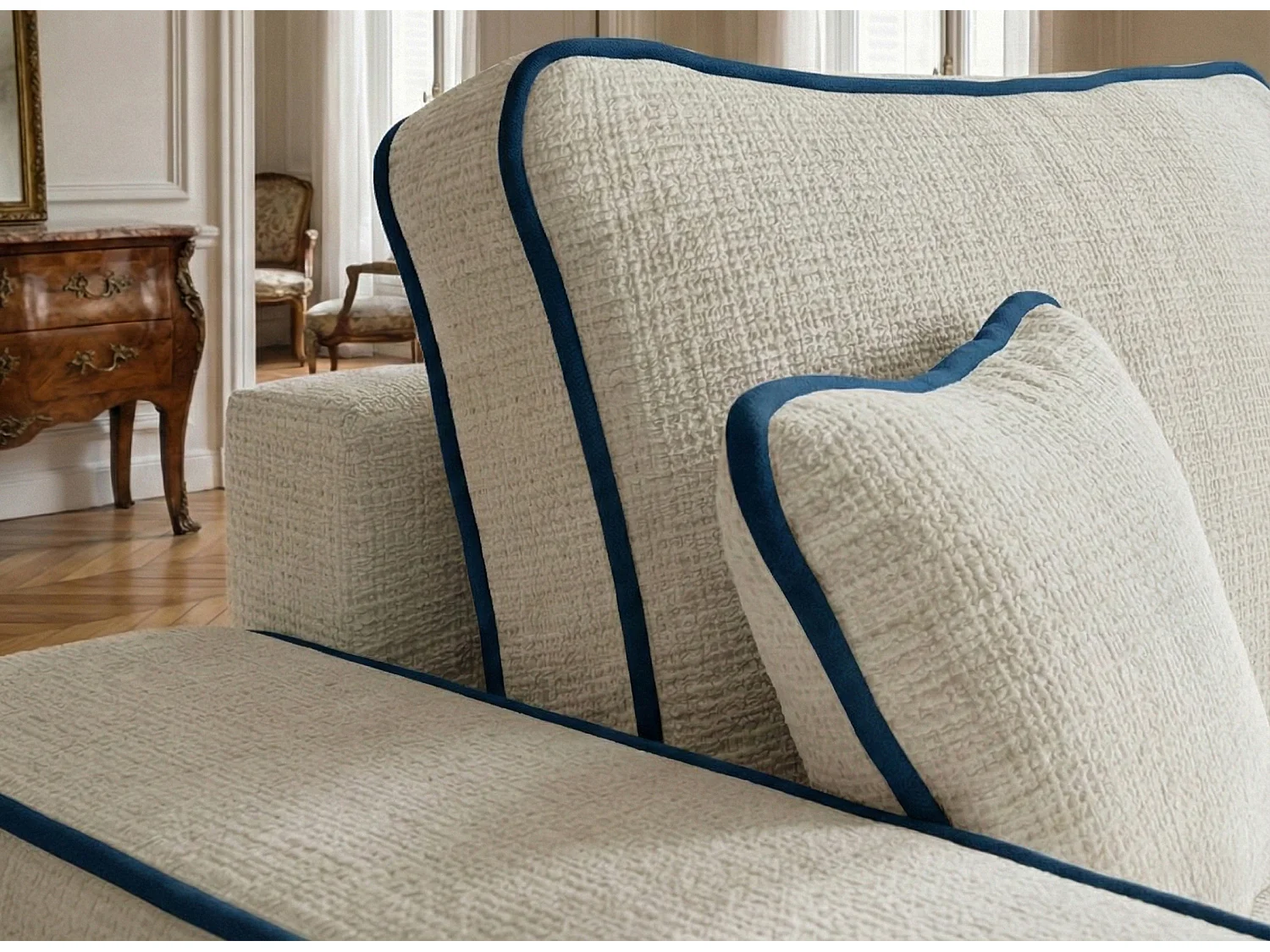 Canapé d'angle droit convertible en tissu chenille ivoire-bleu foncé MODO