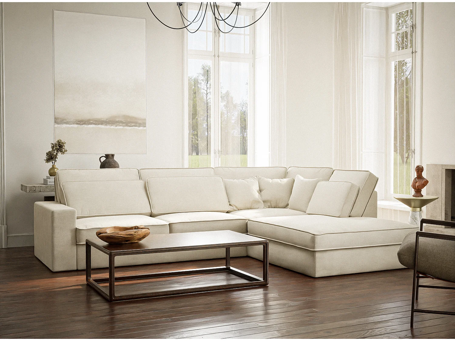 Canapé d'angle droit 5 places en tissu chenille creme KIROU