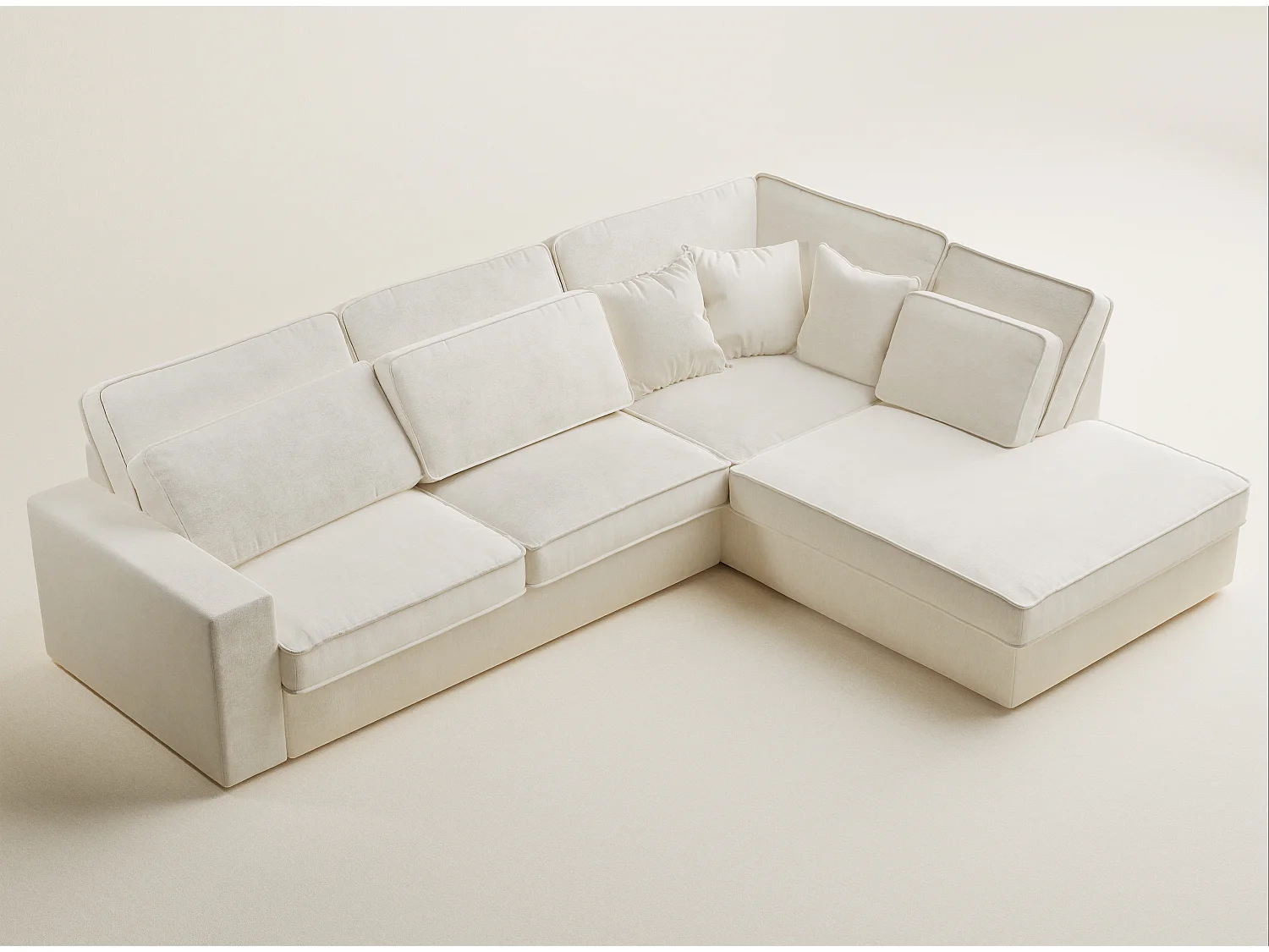 Canapé d'angle droit 5 places en tissu chenille creme KIROU