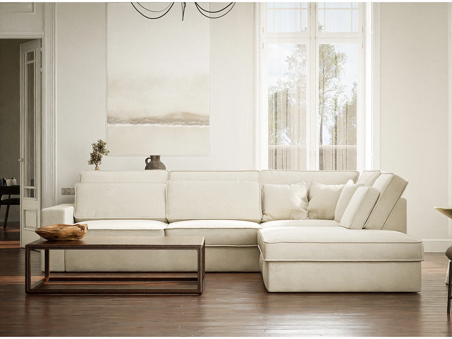 Canapé d'angle droit 5 places en tissu chenille creme KIROU