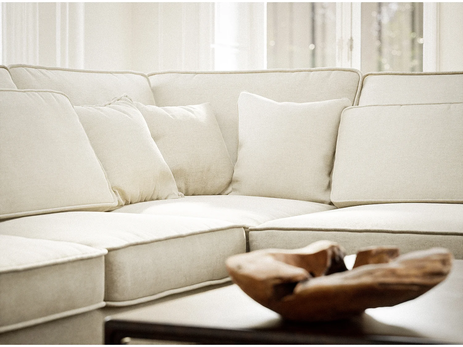 Canapé d'angle droit 5 places en tissu chenille creme KIROU