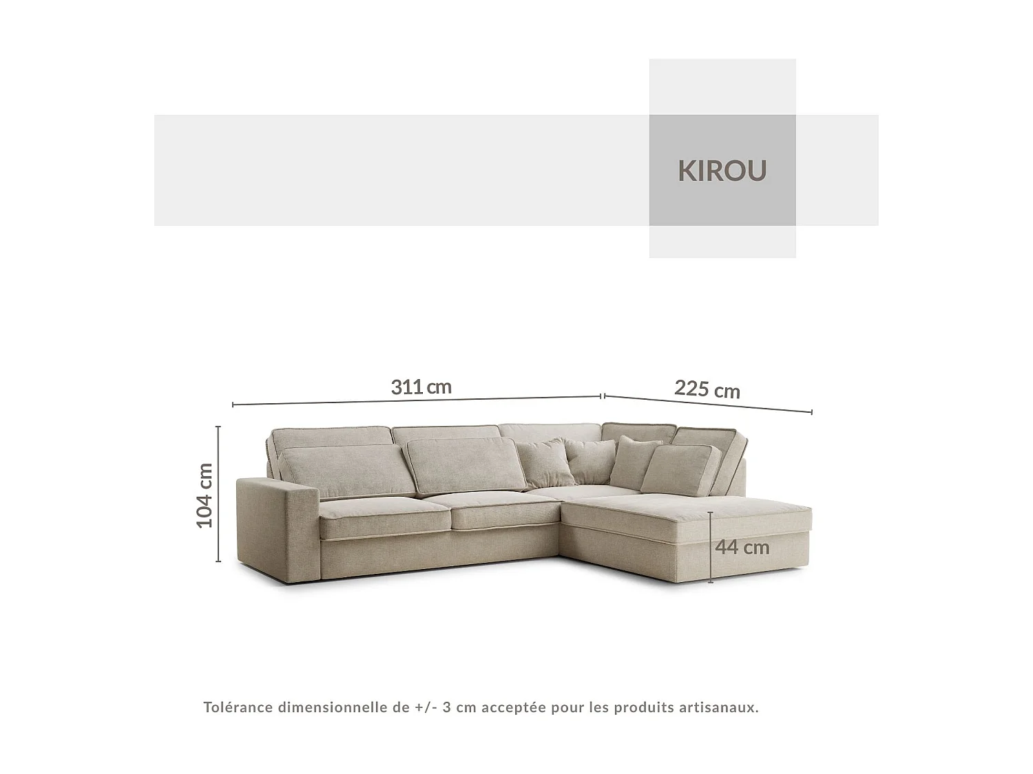 Canapé d'angle droit 5 places en tissu chenille creme KIROU