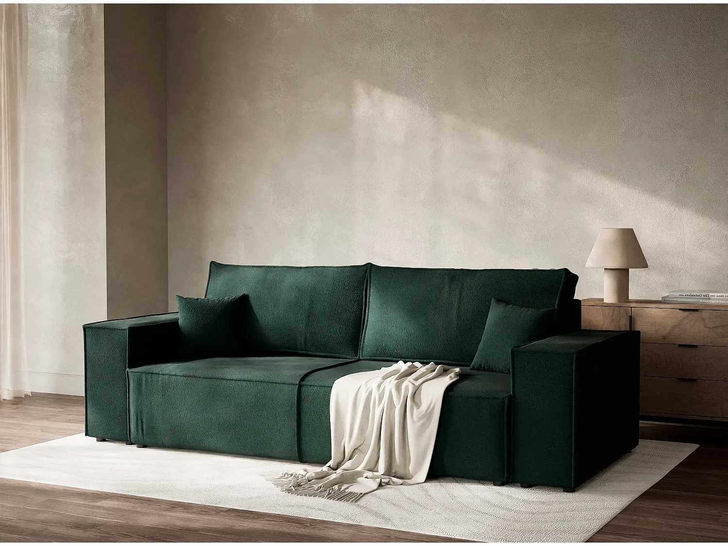 Canapé 3 places convertible en tissu tressé vert foncé MILOS