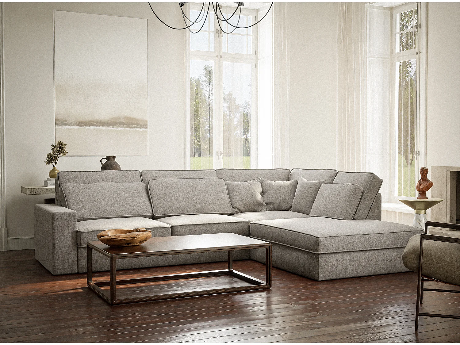 Canapé d'angle droit 5 places en tissu tressé beige gris KIROU