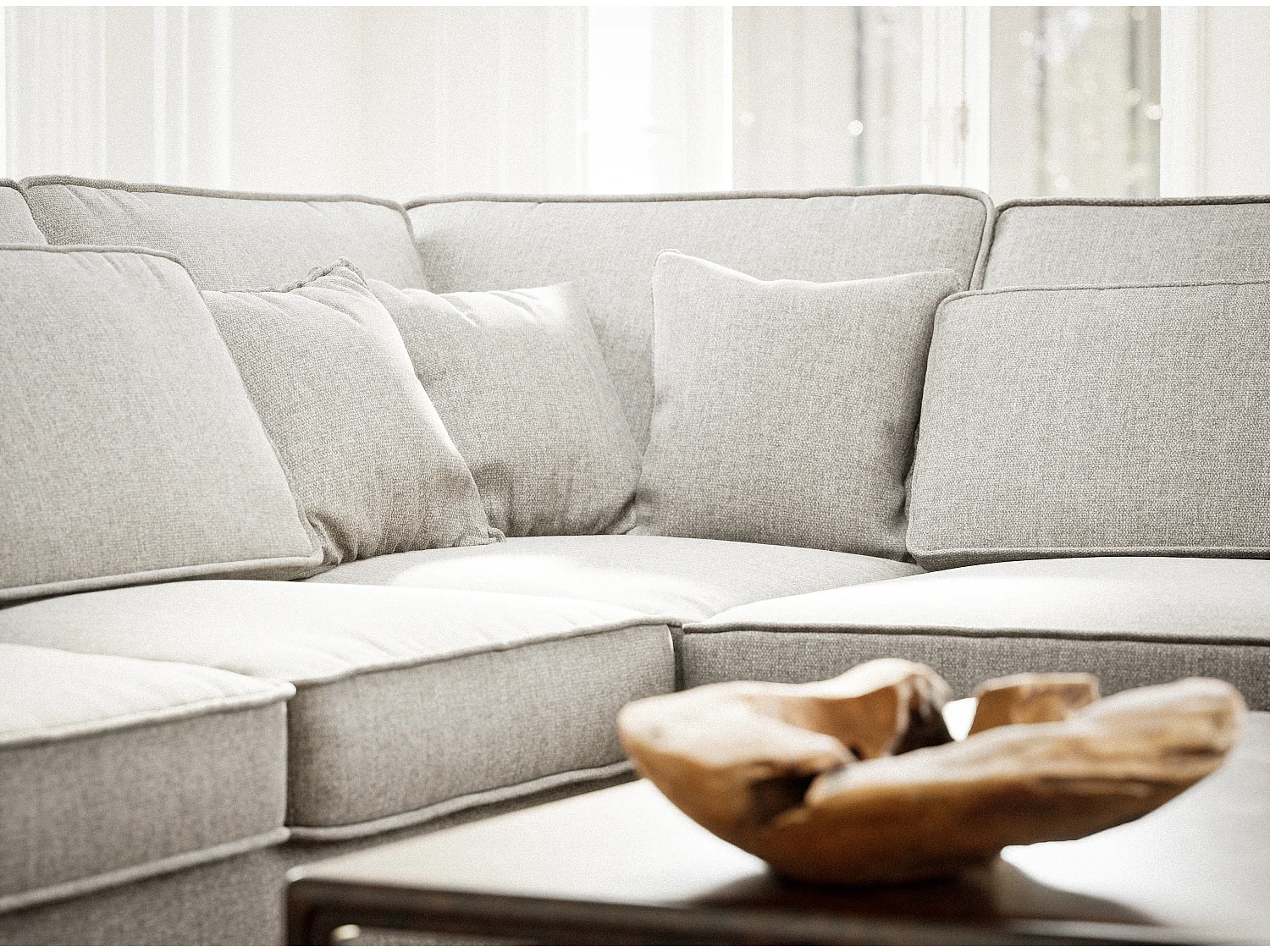 Canapé d'angle droit 5 places en tissu tressé beige gris KIROU