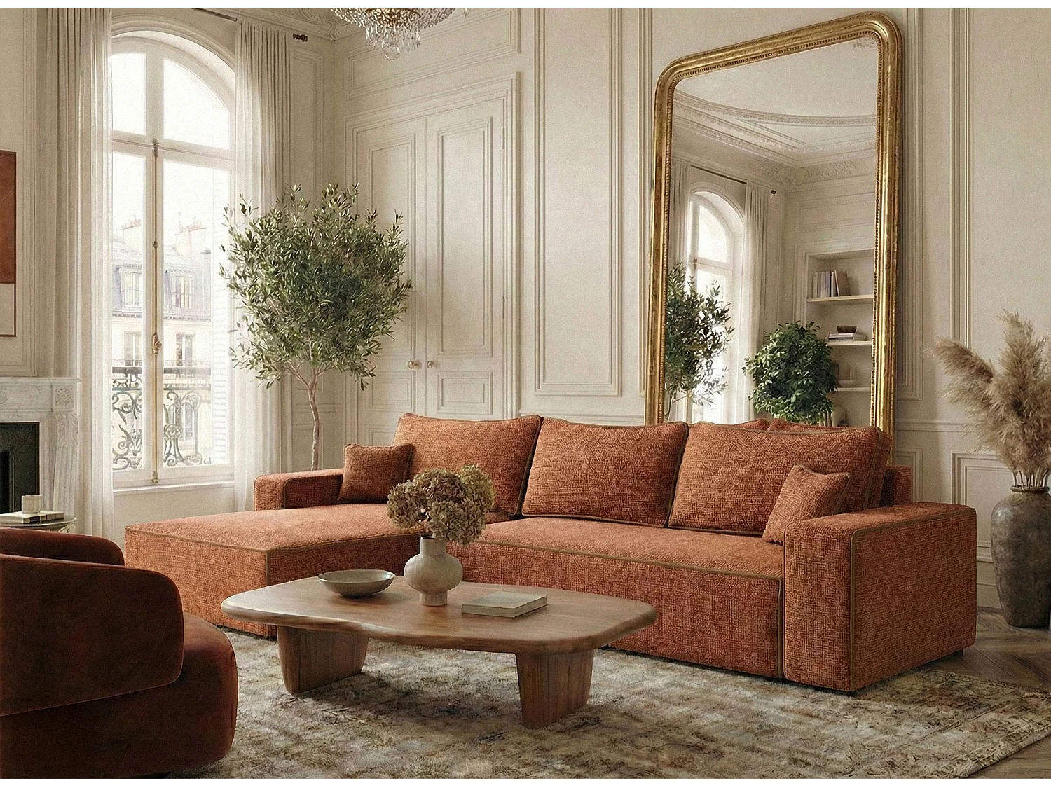 Canapé d'angle gauche convertible en tissu chenille cuivre MODO