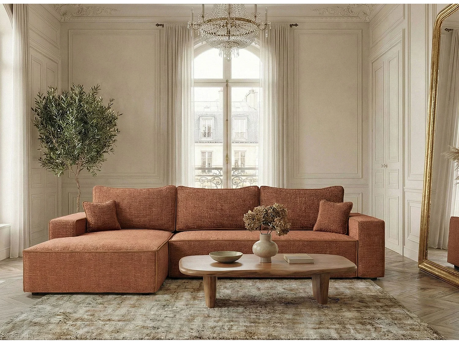 Canapé d'angle gauche convertible en tissu chenille cuivre MODO