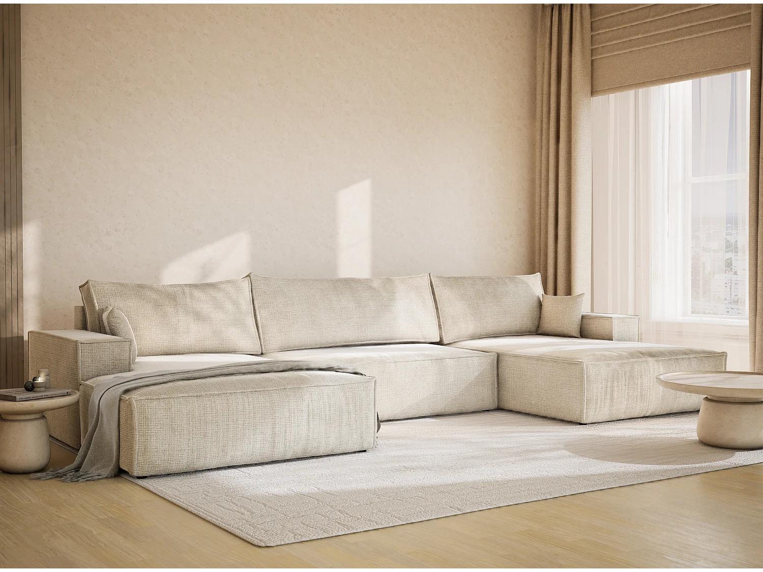 Canapé d'angle panoramique avec fonction lit en tissu chenille beige gris KYOTO