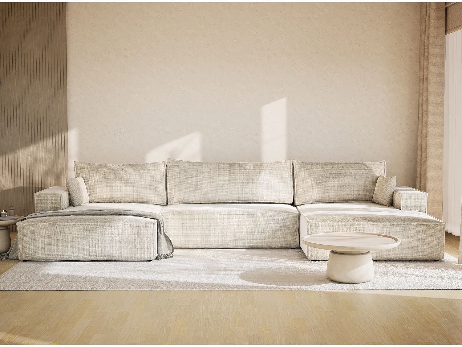 Canapé d'angle panoramique avec fonction lit en tissu chenille beige gris KYOTO