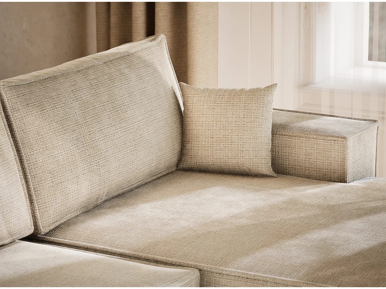 Canapé d'angle panoramique avec fonction lit en tissu chenille beige gris KYOTO