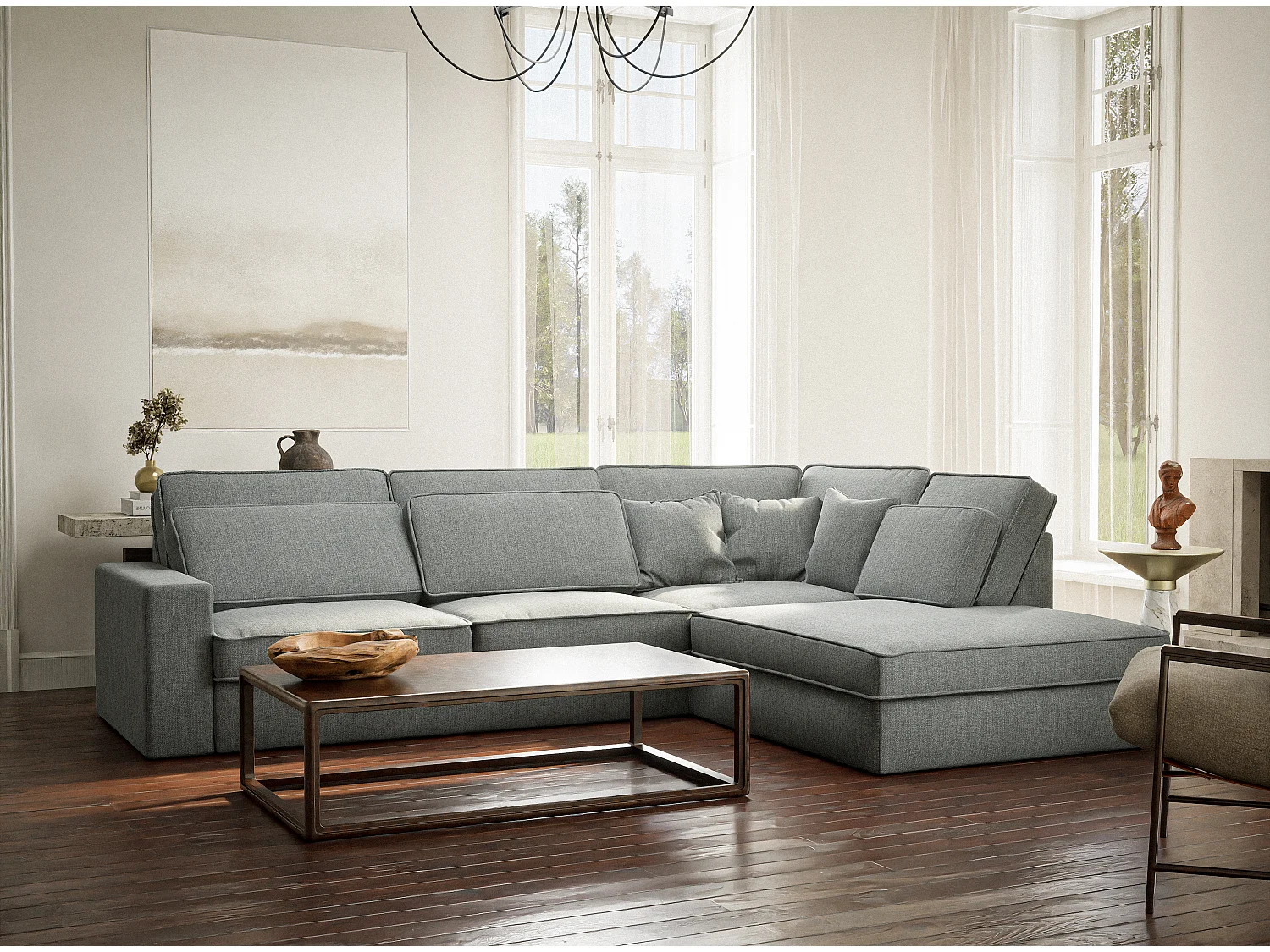 Canapé d'angle droit 5 places en tissu tressé bleu gris KIROU