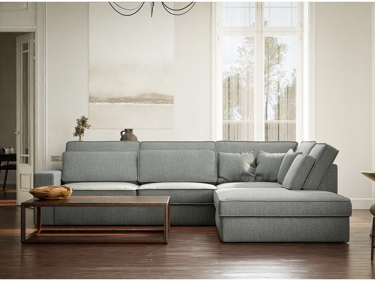 Canapé d'angle droit 5 places en tissu tressé bleu gris KIROU