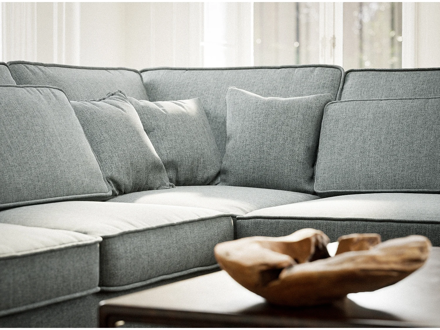 Canapé d'angle droit 5 places en tissu tressé bleu gris KIROU