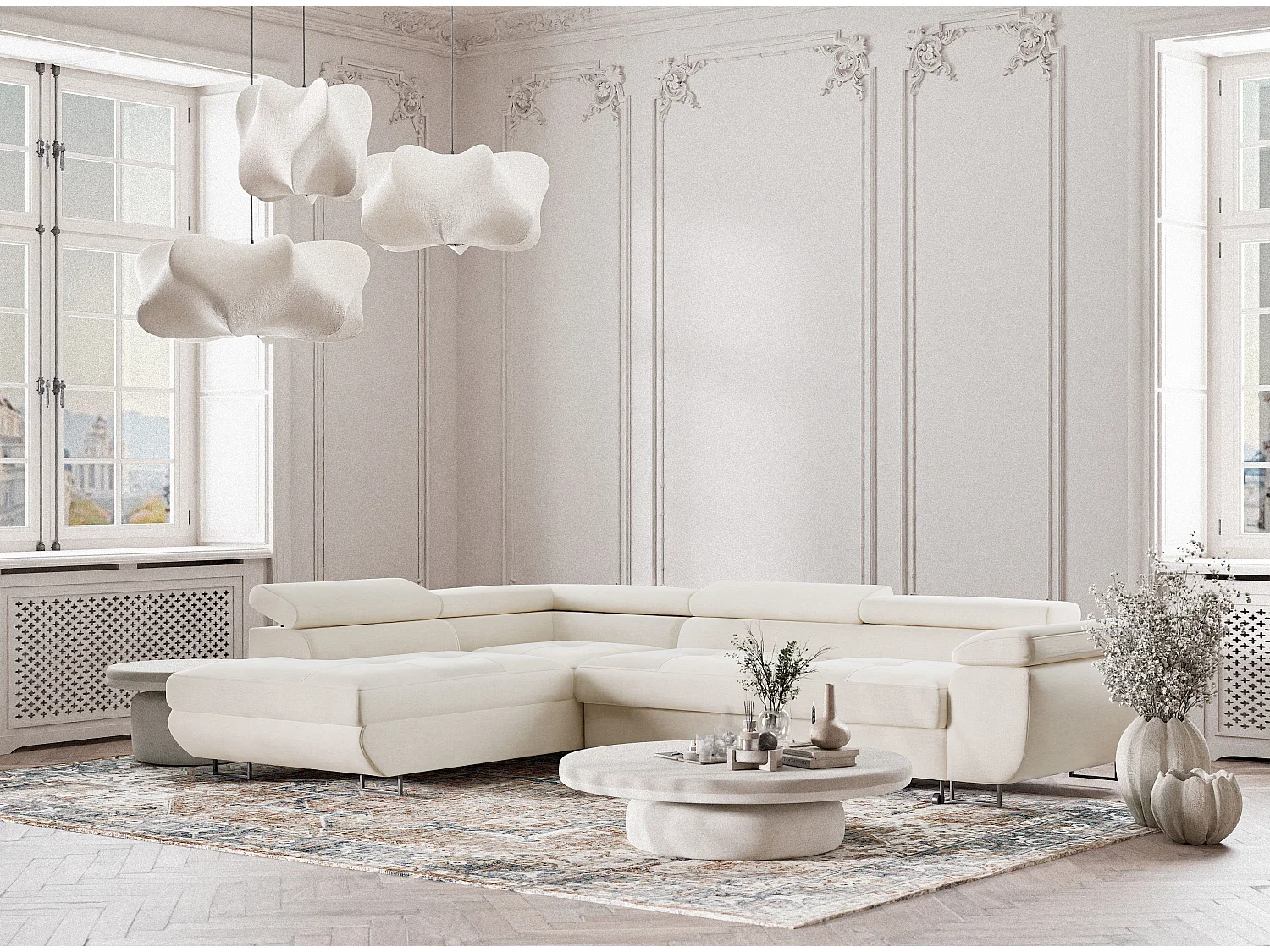 Canapé d'angle gauche convertible en tissu chenille creme CONCORD