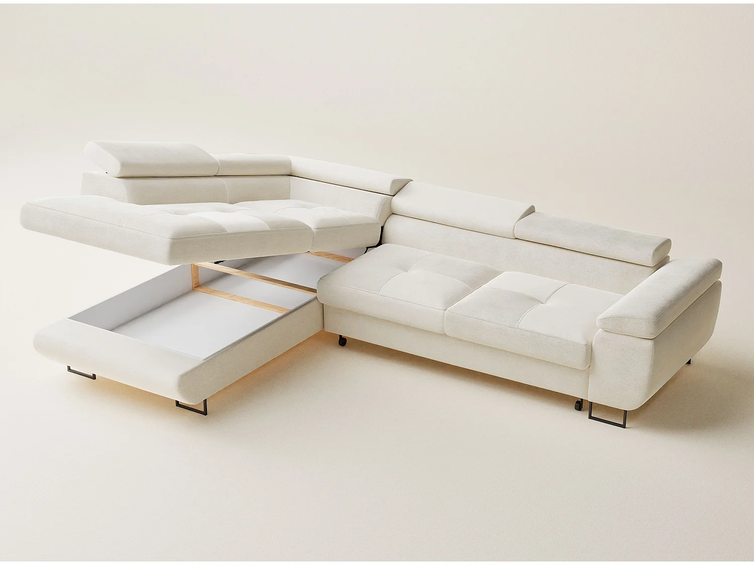 Canapé d'angle gauche convertible en tissu chenille creme CONCORD