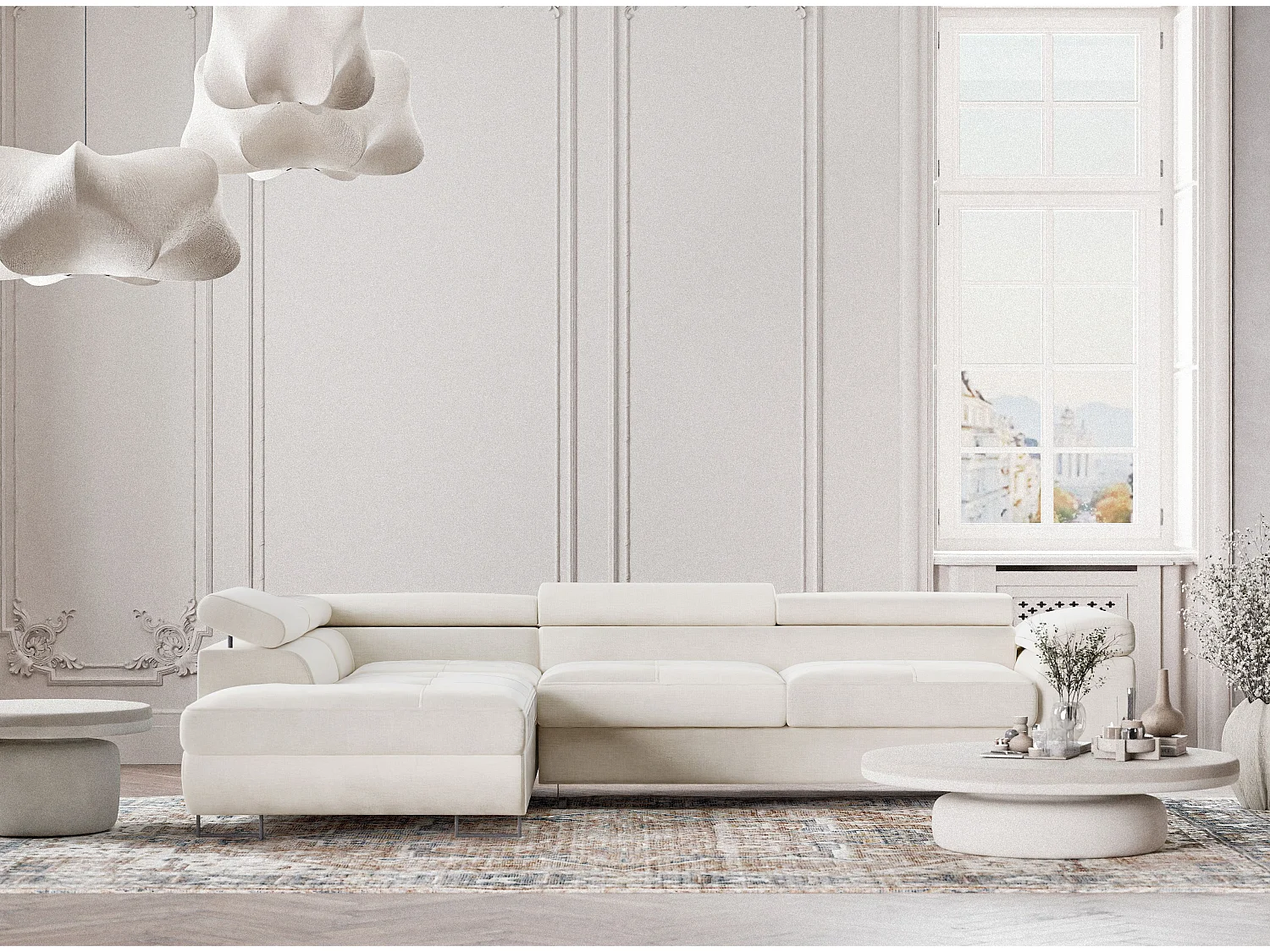 Canapé d'angle gauche convertible en tissu chenille creme CONCORD