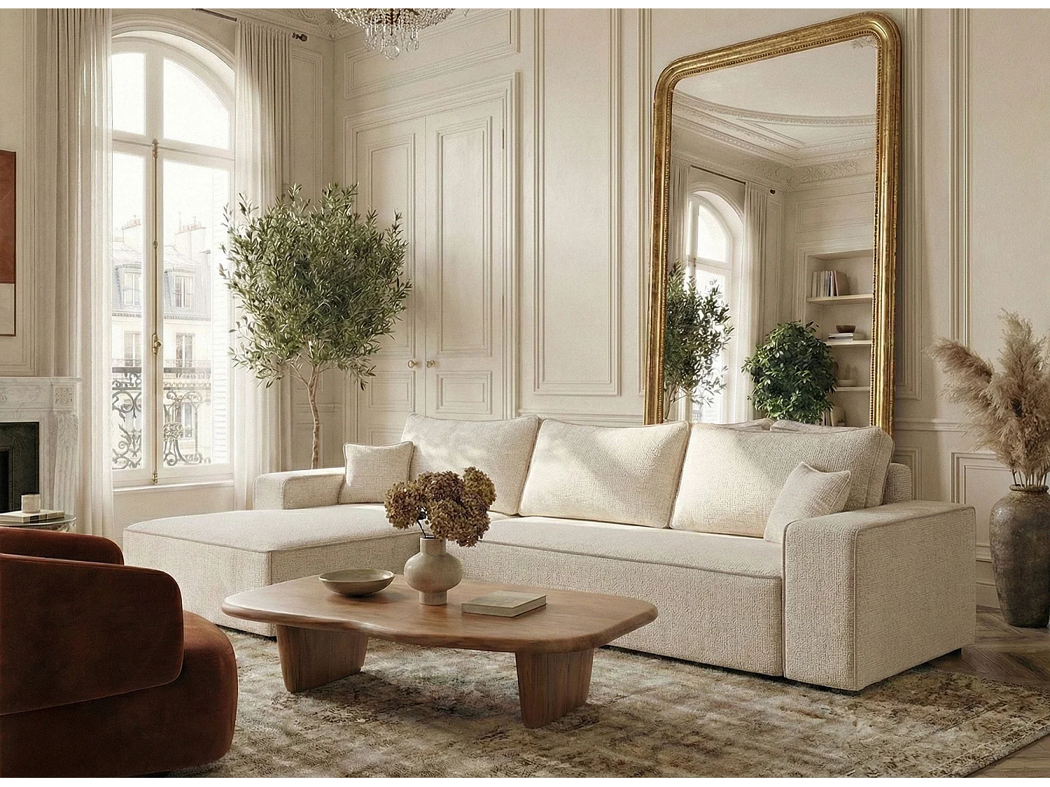 Canapé d'angle gauche convertible en tissu chenille creme-beige MODO