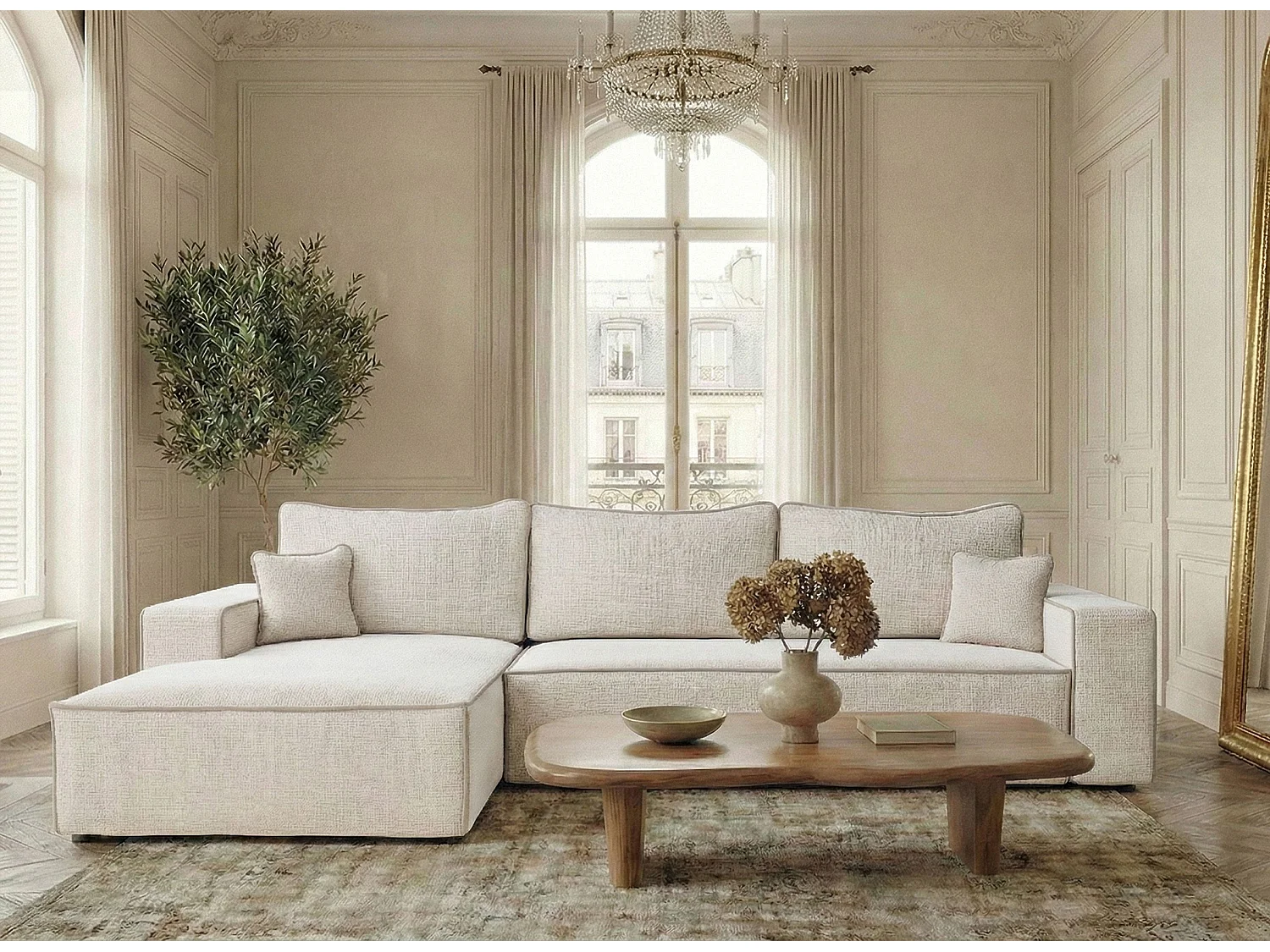 Canapé d'angle gauche convertible en tissu chenille creme-beige MODO